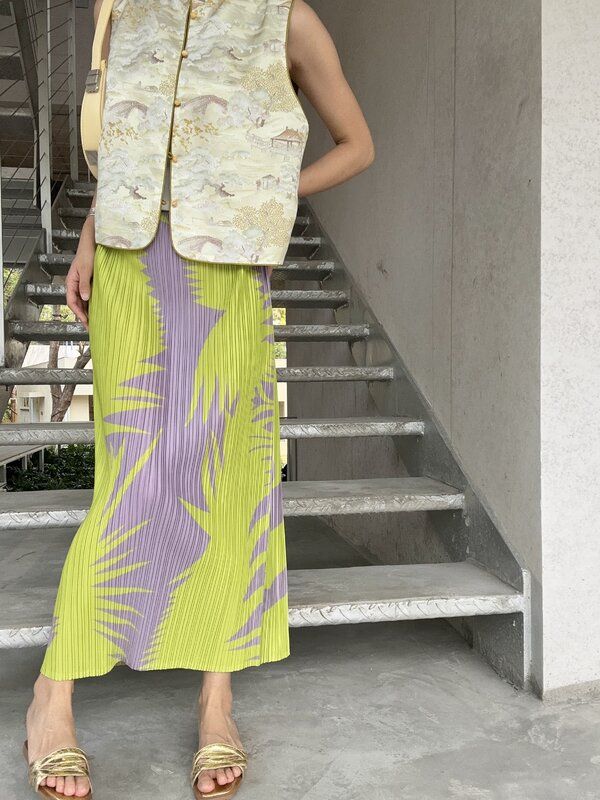 Miyake-Falda recta con pliegues, Falda MIDI con colgante de cintura elástica, reducción de edad, estampado, primavera y verano, nueva