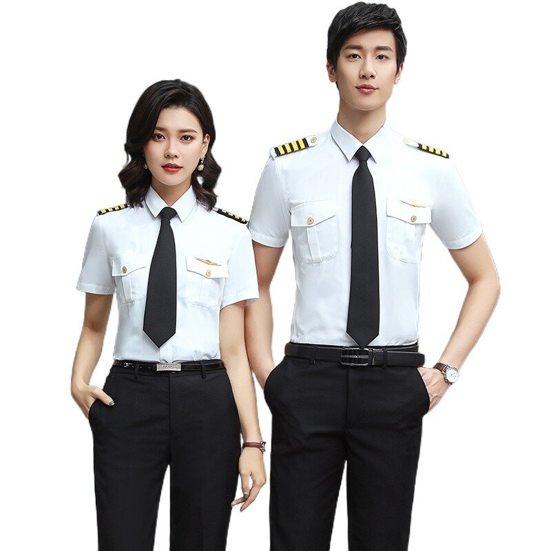 Camisa blanca de la Fuerza Aérea para hombre, uniforme de piloto de avión de club nocturno, uniforme de oficial de asistente de vuelo, camisa de capitán personalizada