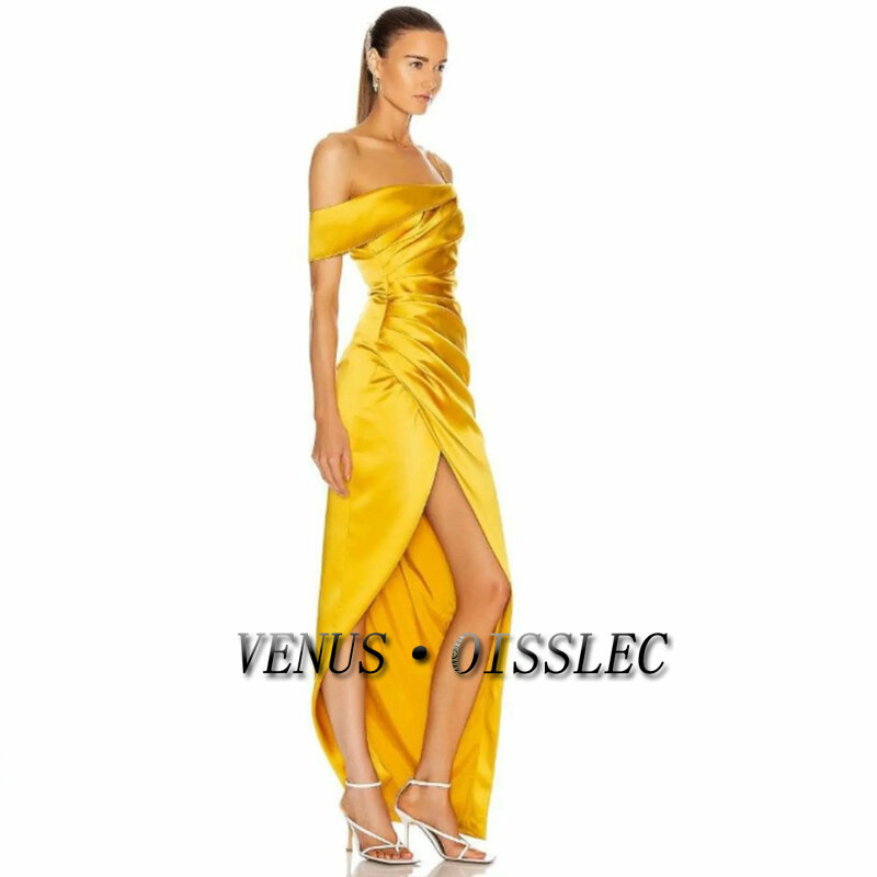 Wenus Spaghetti pasek suknie wieczorowe na bal żółte suknie syreny sławna plisowane gołe nogi sukienka towarzyska فساتين للحفلات الراقصة