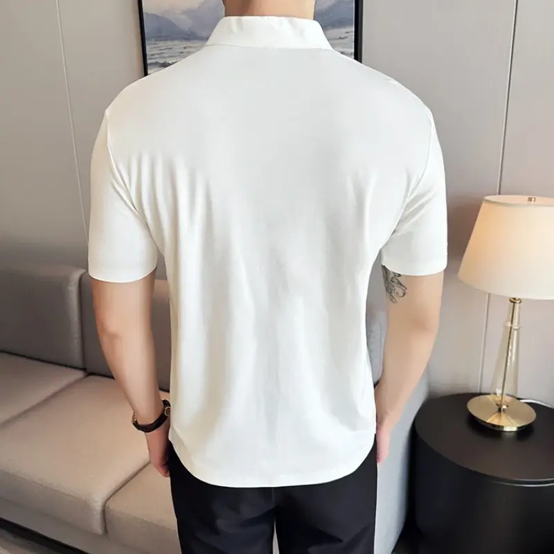 Стрейч, Мужская высокоэластичная рубашка-поло с V-образным вырезом, тонкая футболка с коротким рукавом, деловой повседневный мужской топ, 2024 высокое качество, искусственная кожа.