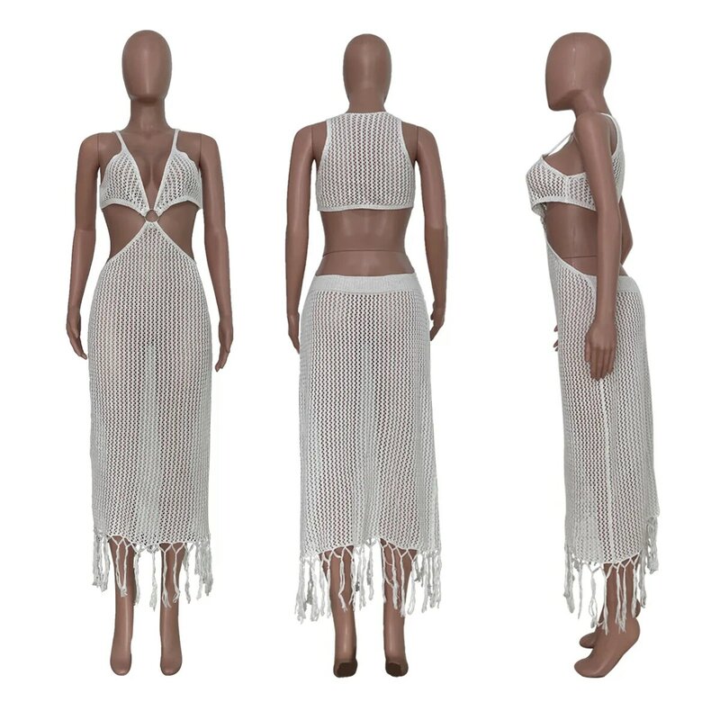 Gaun Maxi Panjang Wanita Jaring-jaring Rajutan Bikini Hollow Out Seksi Penutup Rumbai Solid 2022 Vestidos Mandi Pantai Liburan Musim Panas