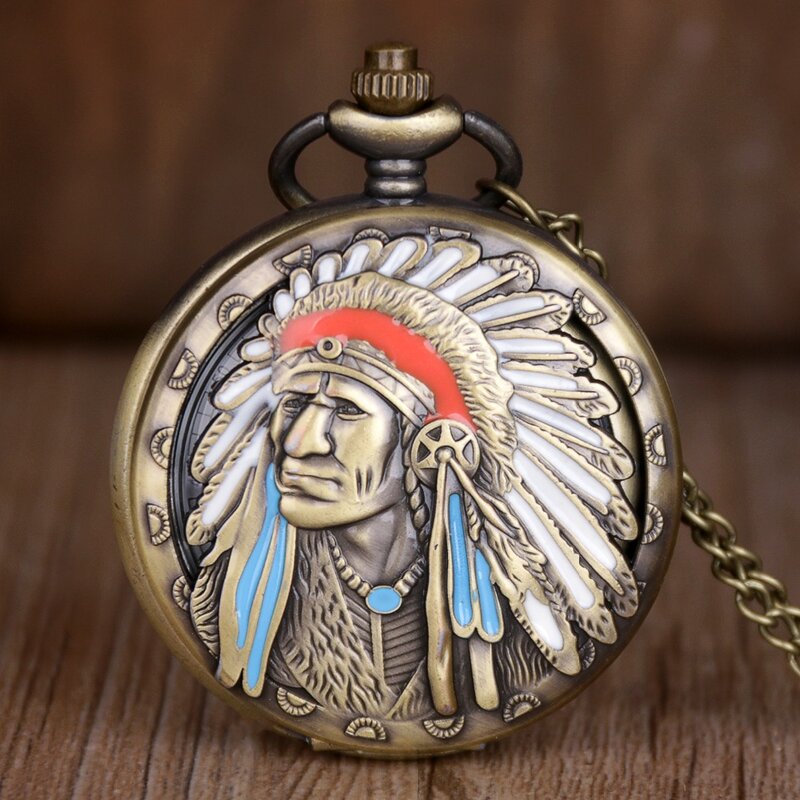 Uns Faktor Taschenuhr Vintage Bronze Tribal Chief Halskette Anhänger Quarz Taschenuhren Uhr Geschenk für Männer und Frauen