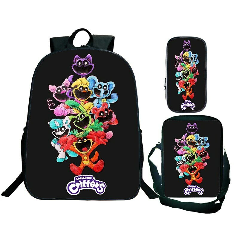 3D Game Smiling Critters Backpack Waterproof Shoulder Bag Pen Bag Student Anime Backpack 3Pcs Set Mochila Children's Schoolbag