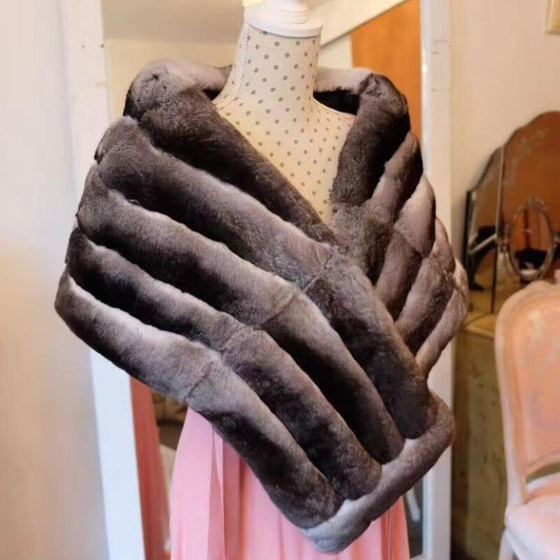 Echte Rex Kaninchen Pelz Schals für Frauen Mode Chinchilla Farbe Poncho Luxus Winter 2023 Pelz Schal lang