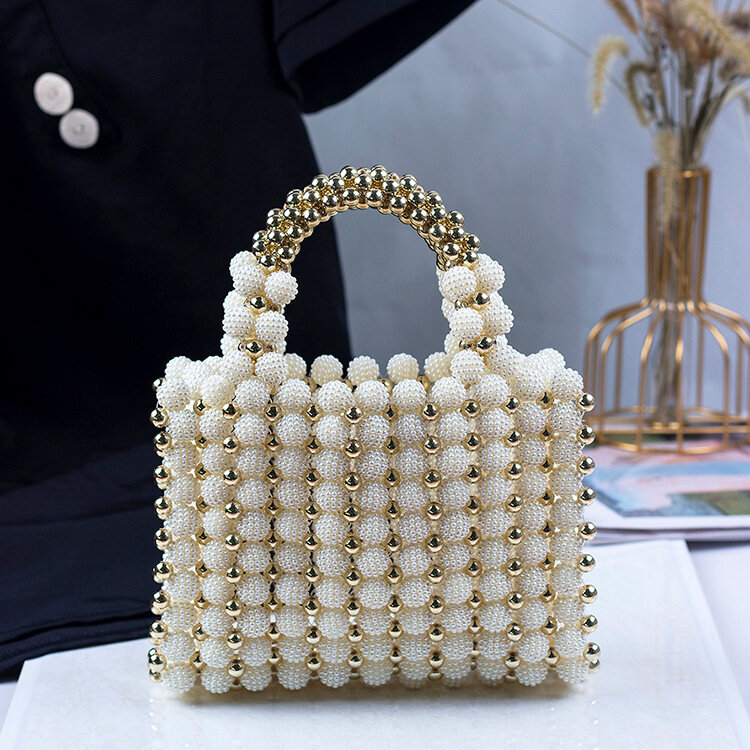 Ball Pearl Handwoven Beaded Square Bag Stylish Acrylic Dinner Tote Bag Bayberry Women's Solid Color Evening Bag