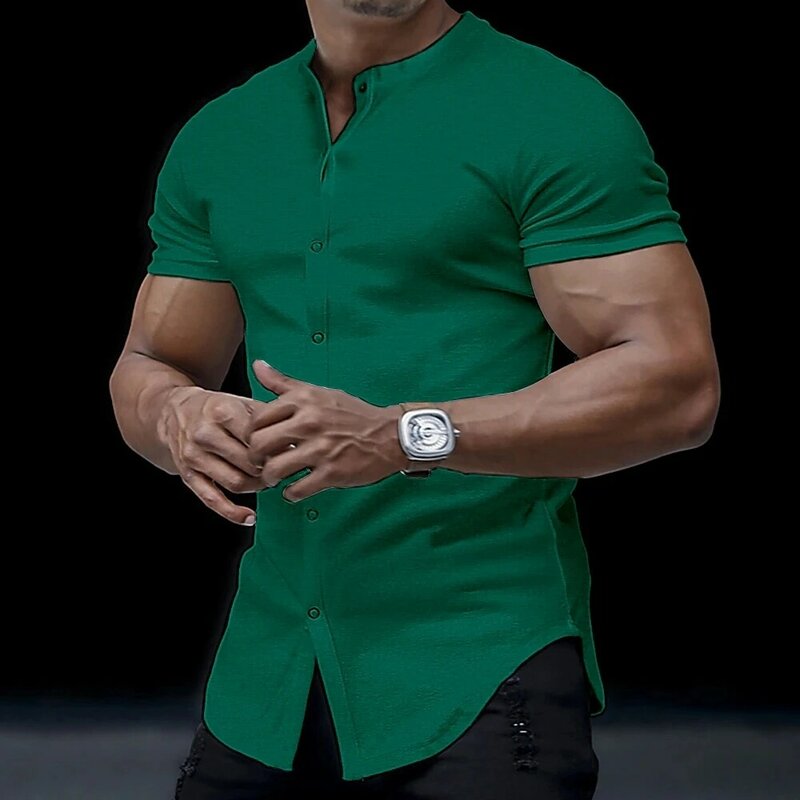 2023 nowa koszula męska z krótkim rękawem solidna letnia koszula stojący kołnierz hawajska odzież uliczna codzienna koszula męska