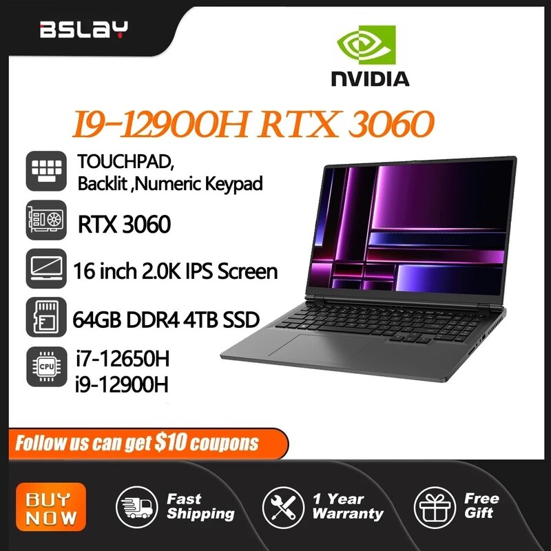 인텔 코어 i9-12900H 노트북, NVIDIA RTX 3060, 6G, 16 인치, 윈도우 11 노트북, 14 코어, 20 스레드, 64GB DDR4, 4TB SSD, WiFi5, BT5.2 PC
