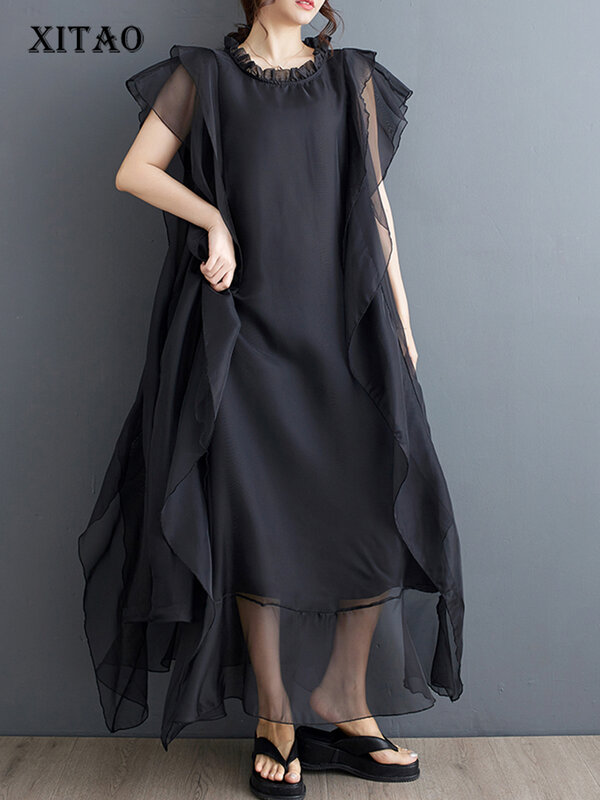 Xitao-女性用ガーゼパッチワークドレス、フラローエッジ、ラウンド、不規則、ノースリーブ、単色、気質、プルオーバー、wld20132