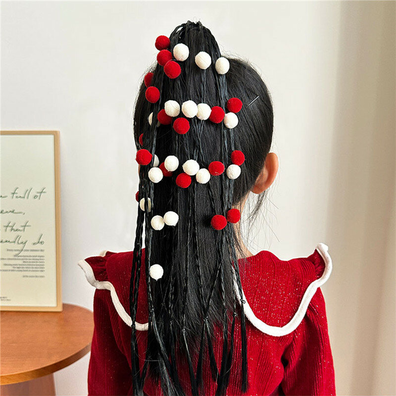 New Year Braided Ponytail Wigs For Girls Elastic Hair Bands Colorful Ball Flowers Synthetic Ponytail With Rubber Band Kids Gifts
