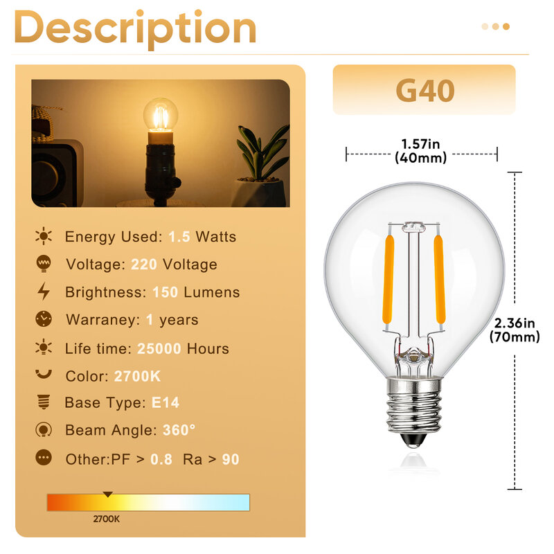 หลอดไฟ LED G40 E14ไฟทดแทน220วัตต์หรี่แสงได้1.5วัตต์สีขาววินเทจหลอดไฟตกแต่งสายห้อยกลางแจ้งโคมไฟไส้หลอด
