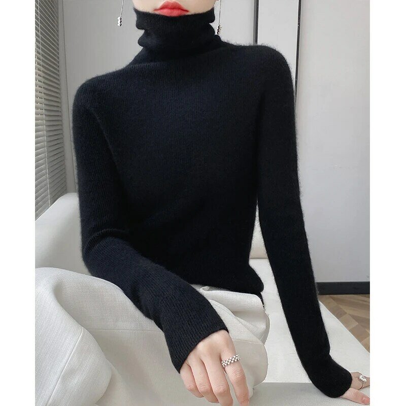 Suéter quente de gola alta feminino, pulôver fino básico de cor sólida, 100% lã, novo, outono e inverno