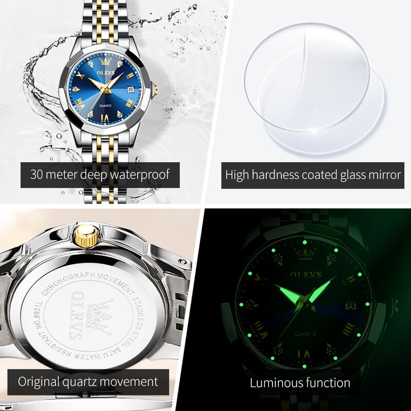 OLEVS jam tangan kuarsa untuk wanita, arloji merek terbaik biru elegan bahan baja tahan karat tahan air bercahaya, jam tangan cermin belah ketupat untuk wanita