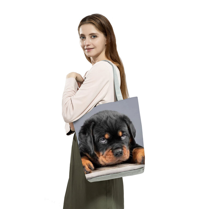 Portable Grande Capacidade Rottweiler Impresso Bolsas para Senhoras, Sacola de Compras, Tote, Eco, Reutilizável, Bonito Animal Dog Shoulder Bags, Sacos De Viagem