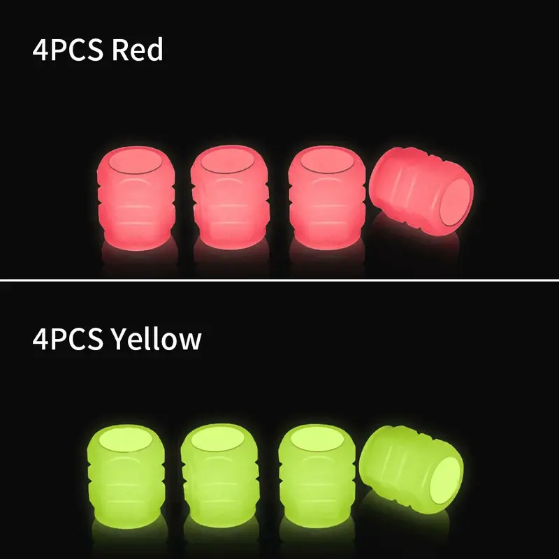8 szt. Uniwersalnego fluorescencyjnego świecącego wkładka do wentyla opony pokrywa kapturek zaworu opony samochodowej 8mm zielony/żółty/niebieski/czerwony ABS + fluorescencyjny Pow