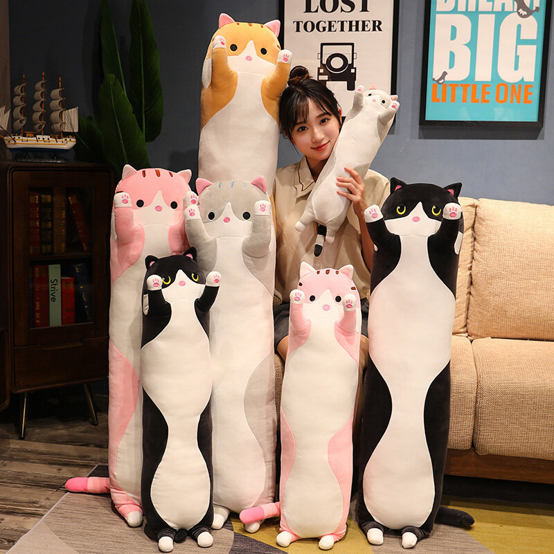 Juguetes de peluche de gato de 50-150cm de largo, 10 estilos, almohada de dormir para decoración del hogar, regalos de cumpleaños para niñas
