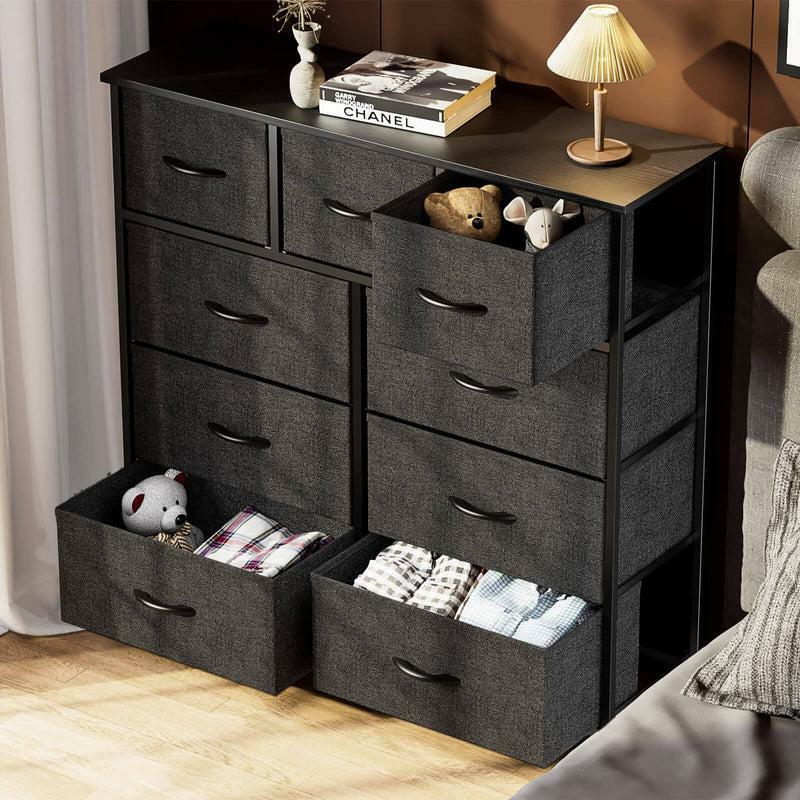 Wooden Top Tall Dresser Fabric Storage with 9 Fabric Bins Drawers, for Family and Kid Room, Closet, Entryway,