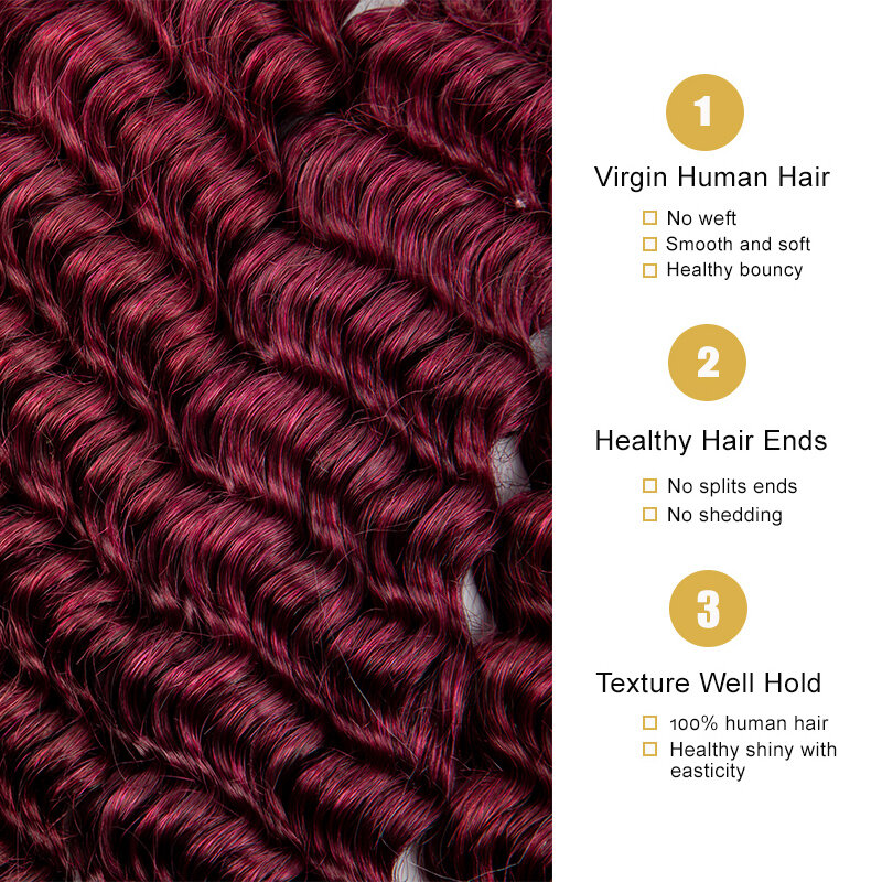 Extensão natural do cabelo humano para trançar, onda profunda, cabelo do Virgin, nenhuma trama, Borgonha, volume, 99J