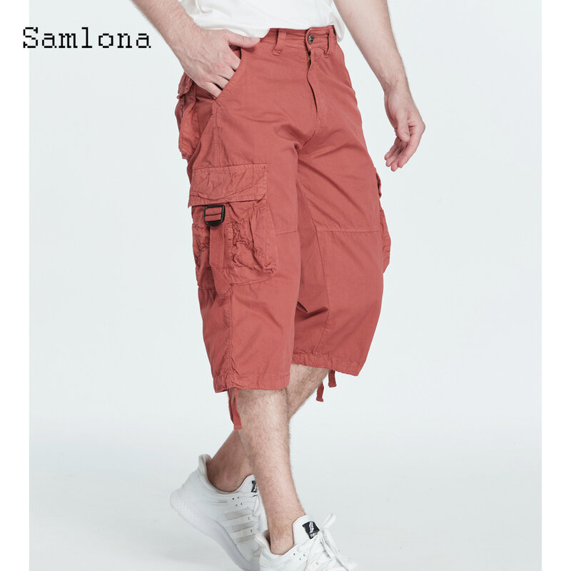Samlona-Short cargo grande taille pour homme, pantalon court à boutons avec poches, décontracté, demi-pantalon de rue, vêtements pour homme, nouveau, été, 2023