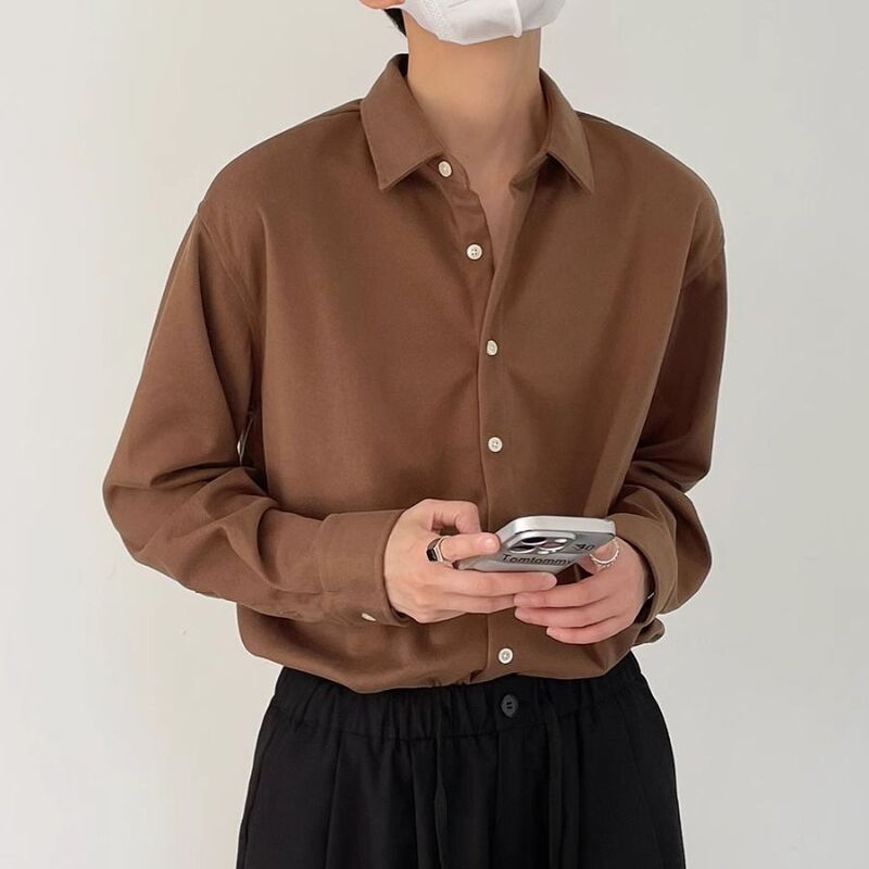 Camisas de manga larga para hombres, camisa de vestir informal suelta, sin hierro, Color sólido, moda Coreana de alta gama, Harajuku, Primavera, nuevo