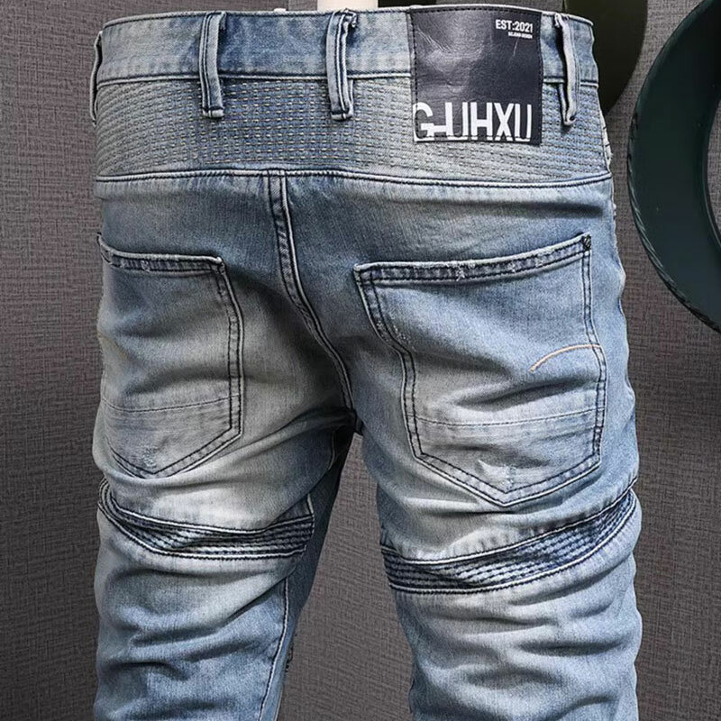 Jeans de motociclista slim fit masculino, calça jeans remendada, streetwear de hip hop, azul retrô, stretch, estilista, moda