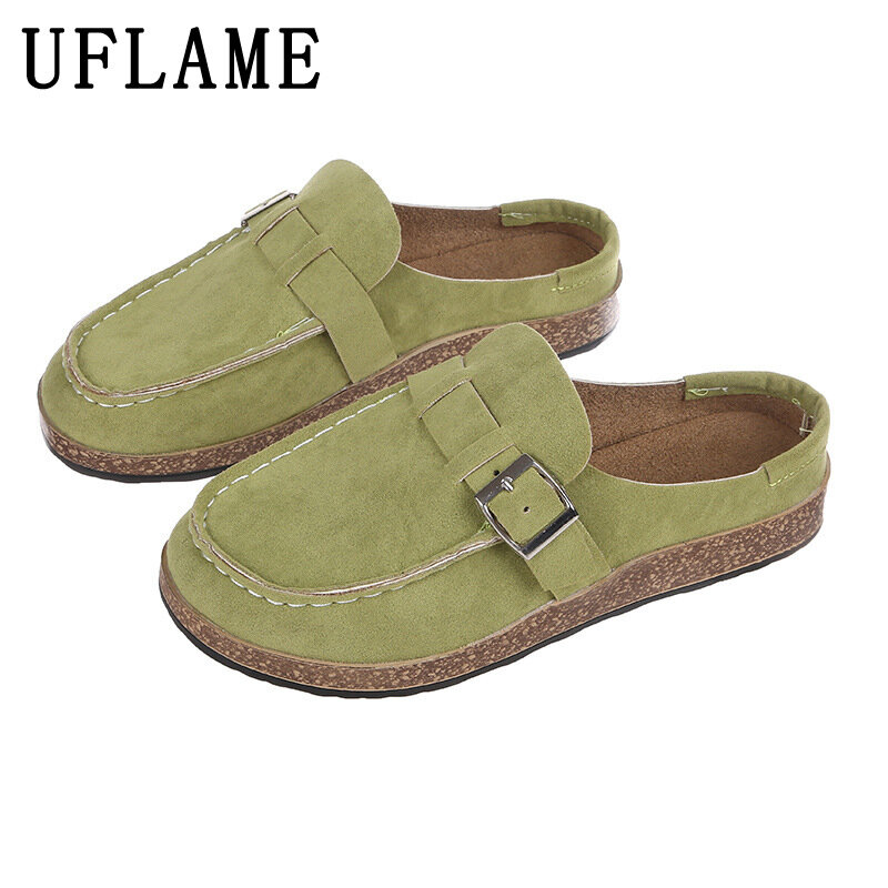 Women Summer Mules Outdoor Leisure Platform Slippers Nubuck Leather Slip-on Slides Loafers Belt Decoration Couple Toe Shoes