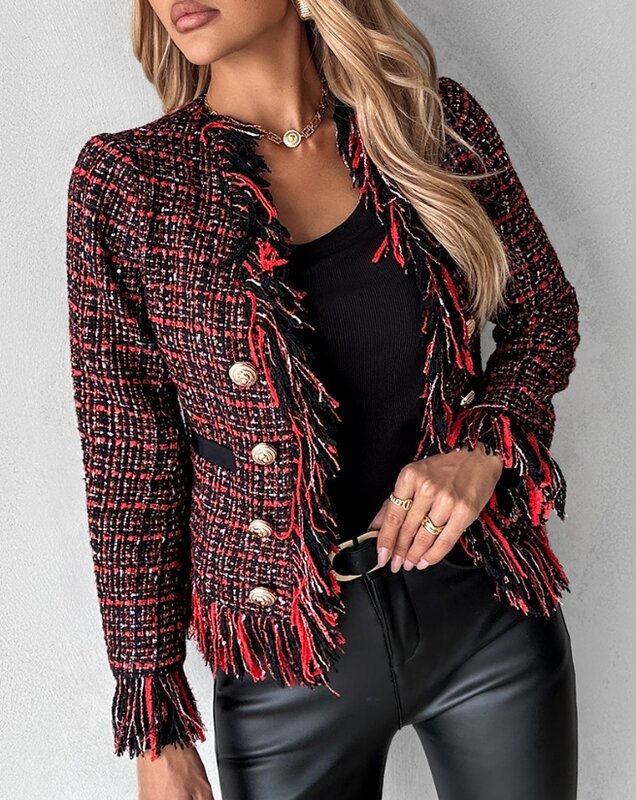 Abrigo pequeño de Tweed para mujer, prenda de oficina con doble botonadura y borlas, elegante y a la moda, novedad de invierno, 2023