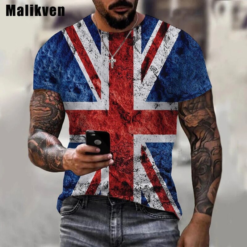 T-shirt col rond à manches courtes pour hommes, imprimé drapeau britannique en 3D, grande taille