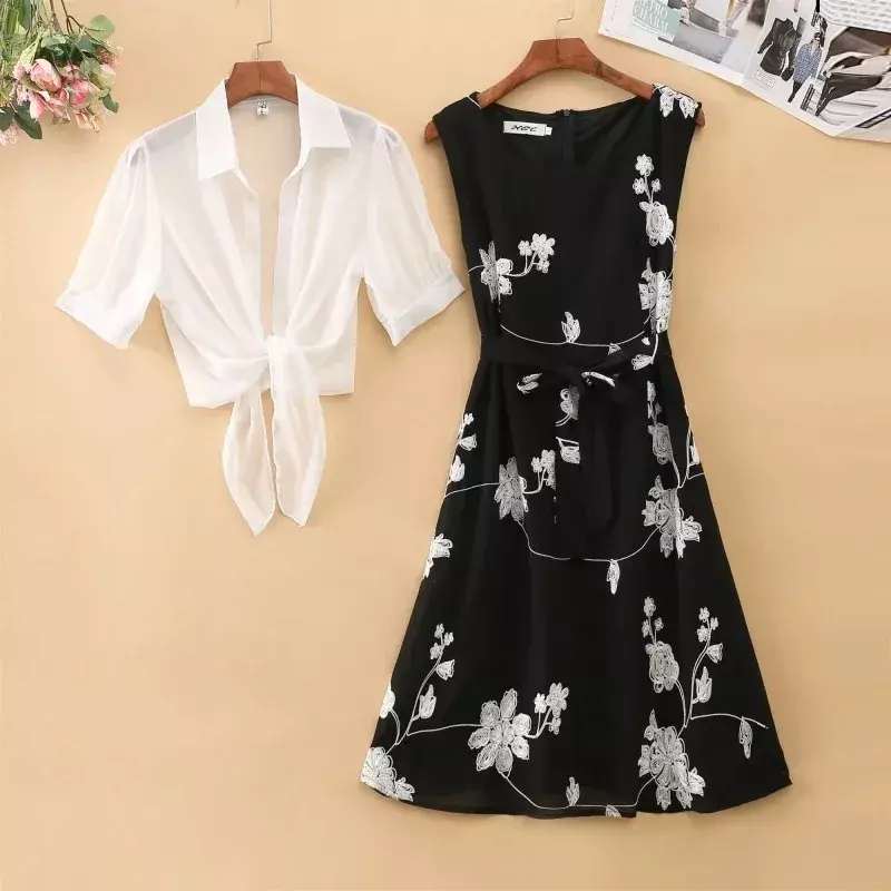 New WOMEN Bow Belt Vintage Elegant Suit Two-piece Dress High Waist Sleeveless Slim A-line Skirt Floral Embroidery White Top