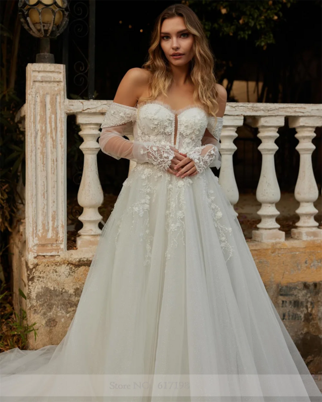 Elegante vestido de novia de encaje con apliques de cuello Barco, corte en A de tul sin mangas, vestidos de novia