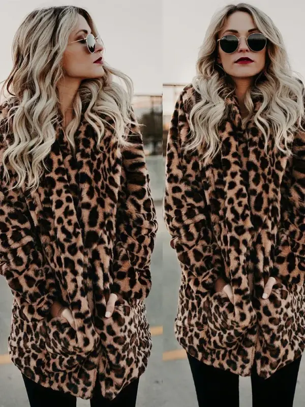 Jaket wanita bulu palsu hangat Leopard mantel santai wanita jaket bulu berbulu tebal halus mewah pakaian luar Bontjas 2023