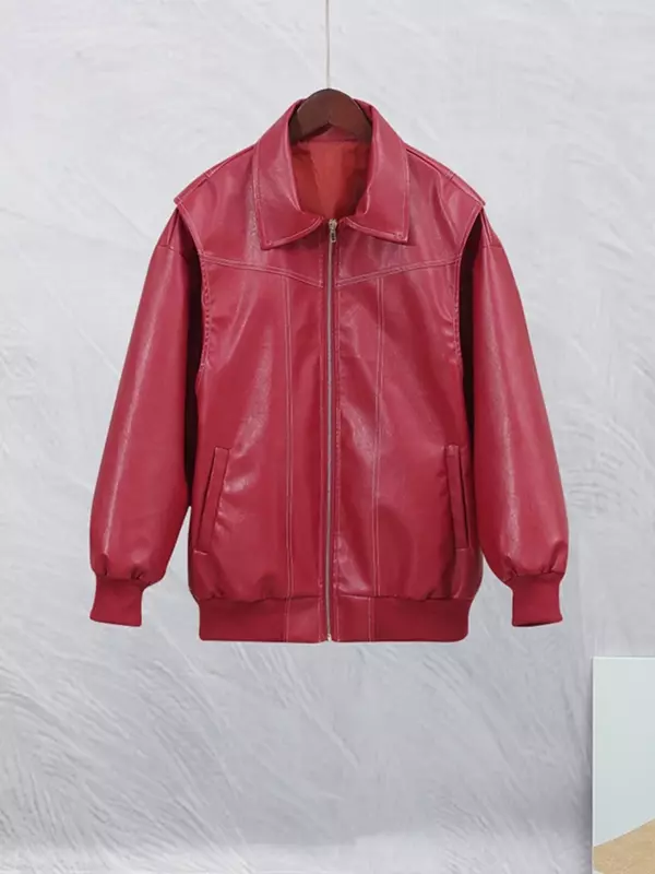 Jaqueta vermelha de costura contrastante feminina, lapela, manga comprida, casaco de couro com zíper, streetwear elegante, moda feminina, outono