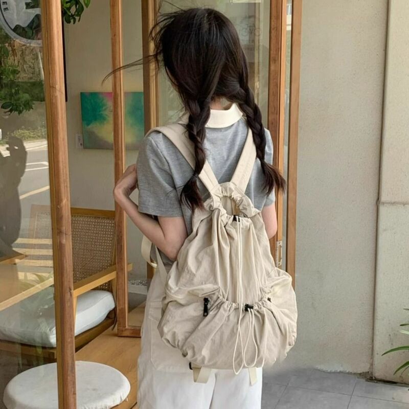 Fashion Drawstring Design Backpacks Large Capacity Soft Nylon Shoulder Bag School Bag Travel Casual Ladies Pleated Backpacks
