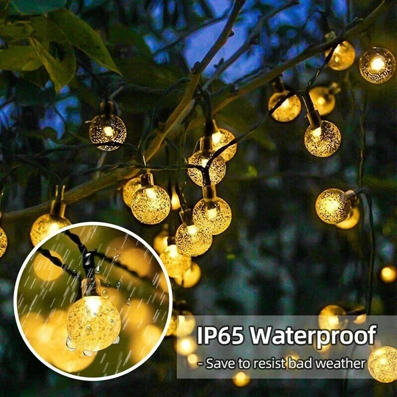 Solar Crystal Globe LED String Lights, 8 modos de iluminação IP65 Fairy Light, Guirlanda de Natal, Decoração de festa de jardim, 60 LEDs, 1Pc, 2Pcs