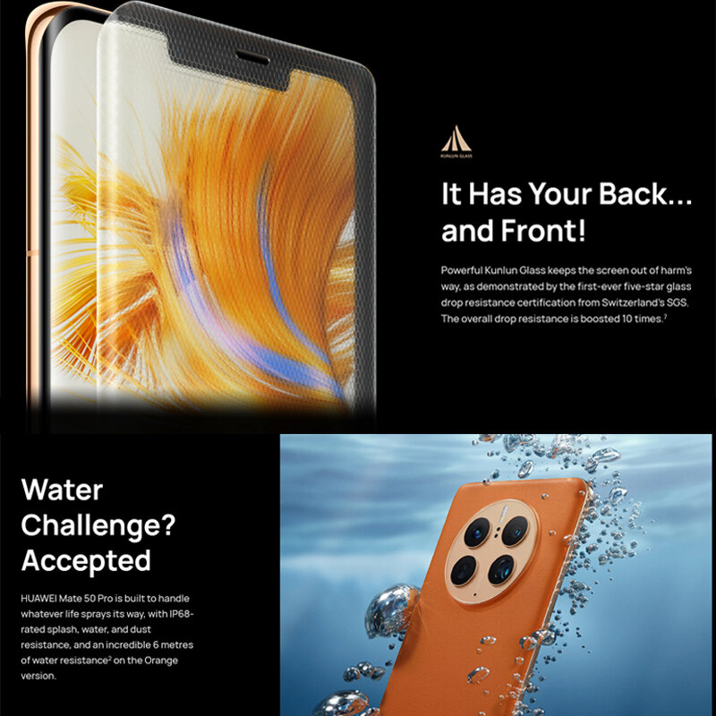 HUAWEI-Smartphone d'origine Mate 50 Pro, téléphone portable, IP68, 6.74 pouces, verre Kunlun, appareil photo 50MP, 4700mAh, poussière et eau