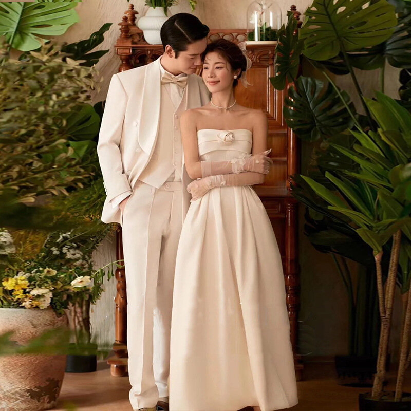 한국 새틴 라이트 웨딩 신부 웨딩 코르셋 가운, 우아한 로맨틱 여성 드레스, 웨딩 원피스 촬영