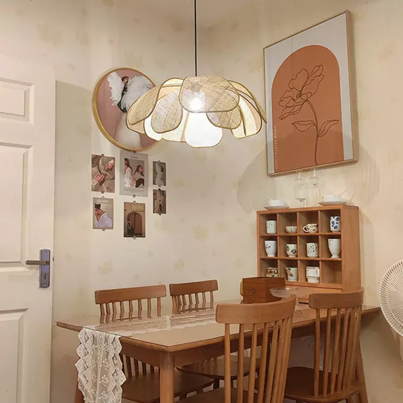 Lampu gantung LED kelopak tenun gaya Jepang lampu Penant rotan untuk dekorasi rumah perlengkapan penerangan dalam ruangan ruang makan