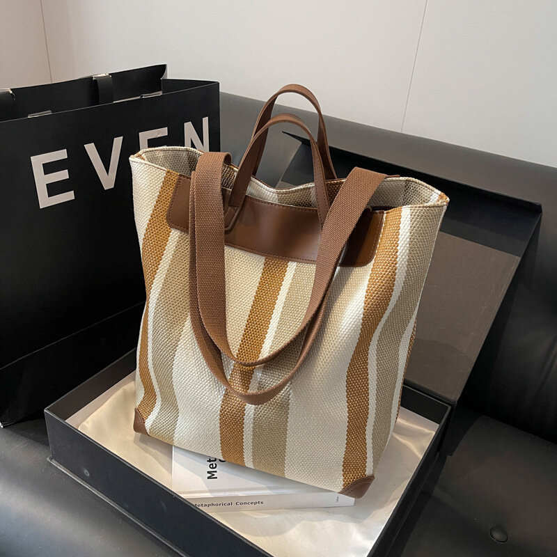 Женская Полосатая фетровая ткань, вместительные сумки для покупок, контрастные цвета, для поездок, 2024