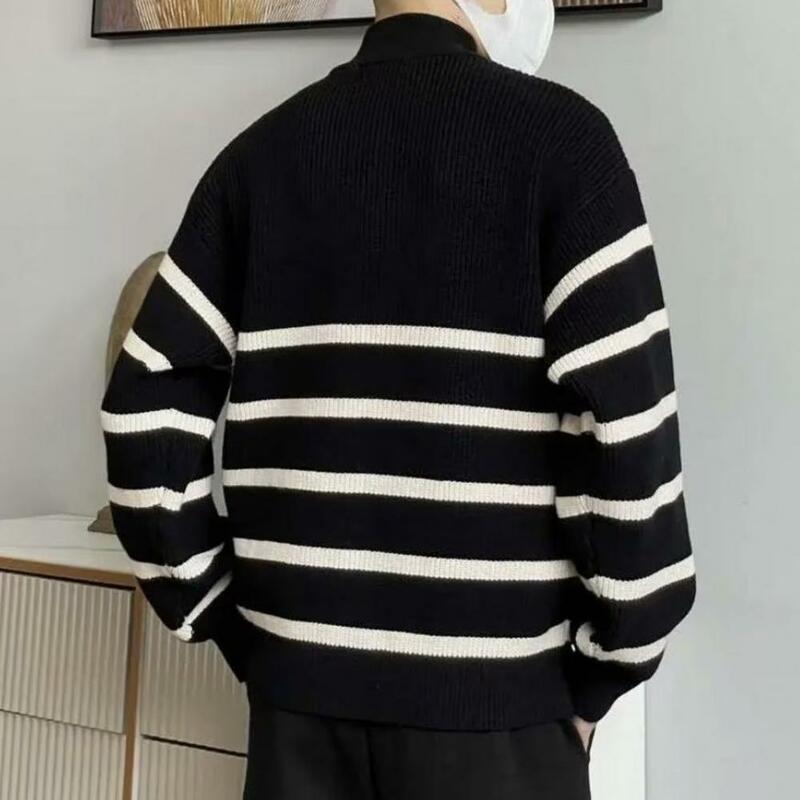 Suéter de zíper listrado com decote masculino, gola alta, pulôver grosso de malha quente, manga longa, outono, inverno
