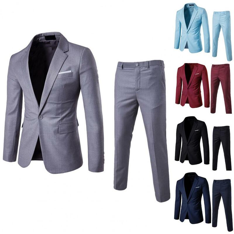Slim Fit Business Outfit Stylish Men's Business Suit Set Lapel Single Button Coat Slim Fit Pants with Pockets Workwear for A