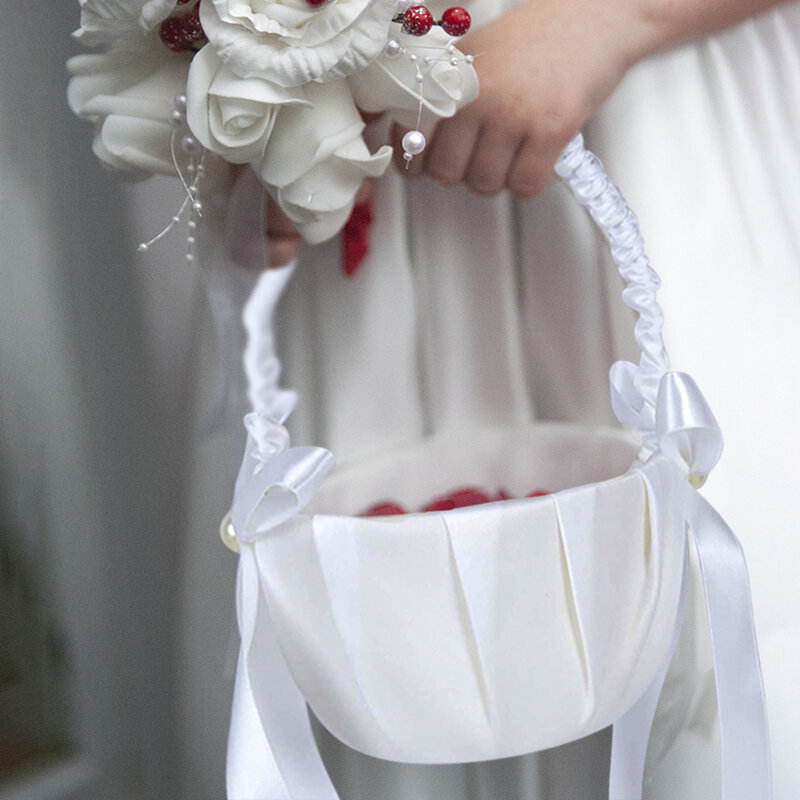 20 cm White Flower Girls Basket Silk Wedding Basket for Flower Bride/Kids Hand Held Wedding Ceremony Party Decorations