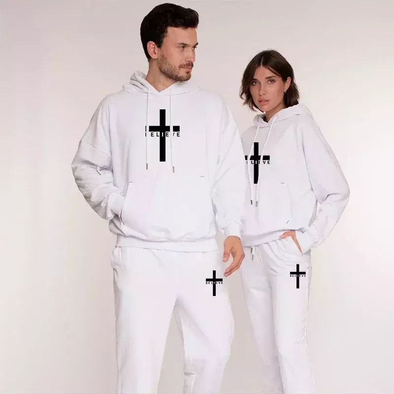 Men's Fashion Printed Believe Jesus Christianity Hooded Tracksuits Autumn Winter Hoodie + Pants 2-piece Pullover Athletic Sets