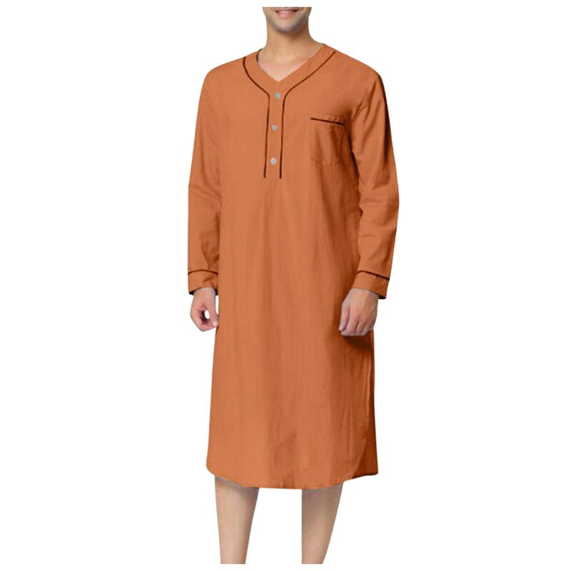 Men V-Neck Linen Muslim Islamic Robe Casual Long Sleeve Pocket Loose Nightgown Robe Saudi Arabia Kaftan Home Abaya Sleep Robe