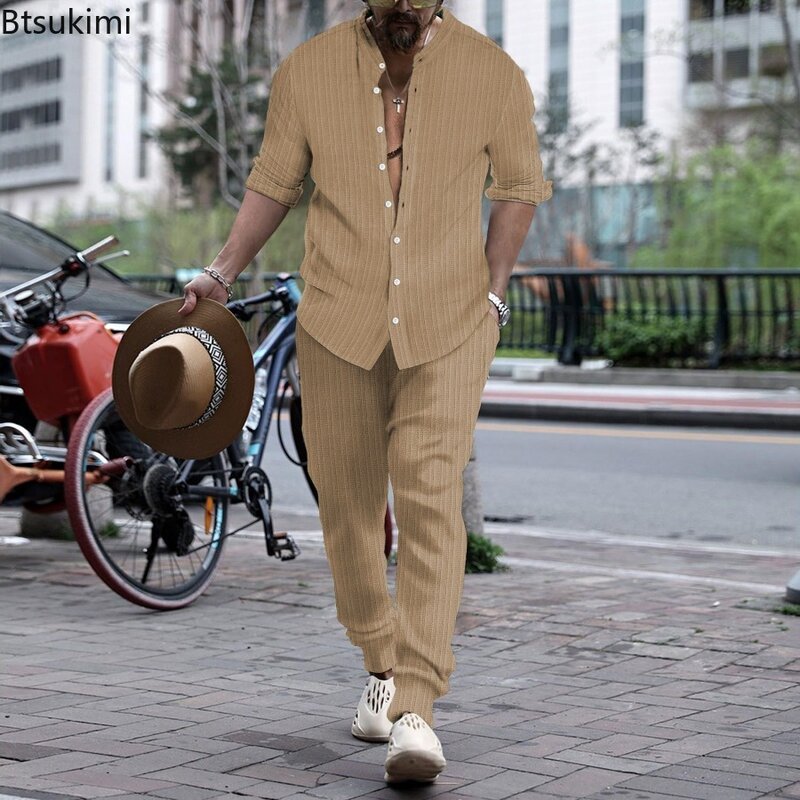 Рубашка и брюки мужские с воротником-стойкой, повседневный комплект из двух предметов, с длинным рукавом, на пуговицах, в стиле ретро, полосатый однотонный костюм, 2024