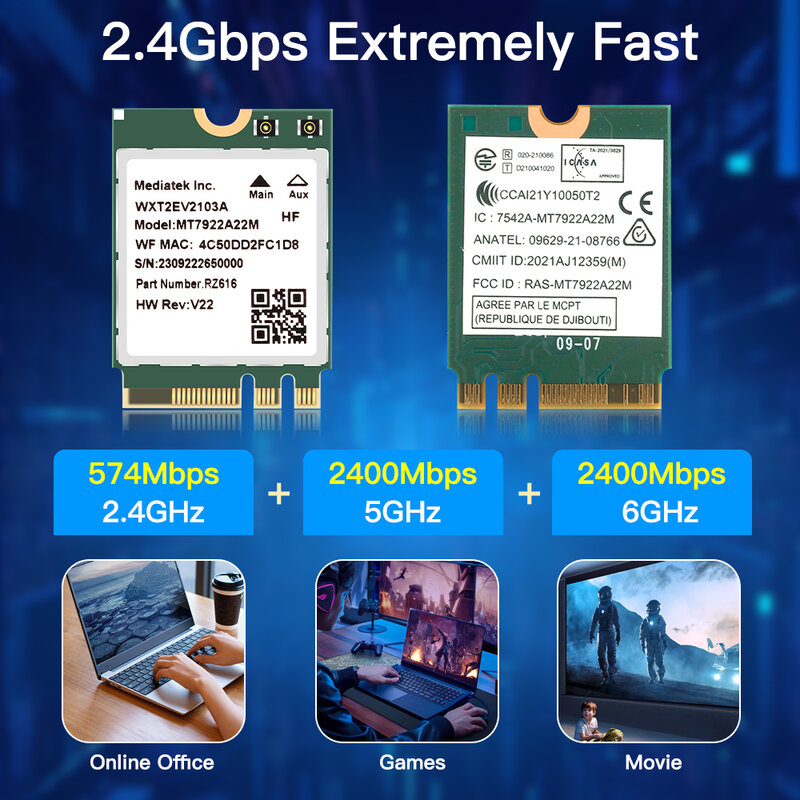 무선 카드 블루투스 5.2 네트워크 어댑터, 와이파이 6E MT7922 M.2, 5374Mbps, 802.11ax, 2.4G, 5G, 6GHz, MediaTek MT7922, MU-MIMO Win 10 11
