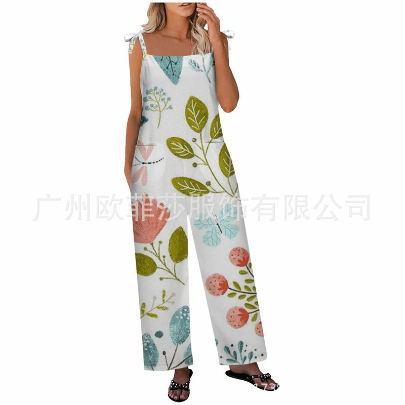 Macacão com estampa de folhas femininas, macacões casuais, calças elegantes de perna larga, roupas femininas da moda, verão, 1 pc