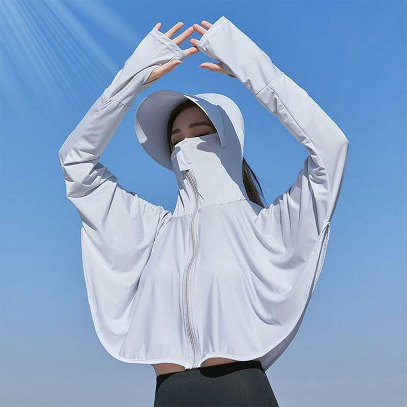 Summer Sun Protection Women Sunscreen Hoodie Long-sleeved Solid Color Thin Jacket Breathable UV Protection Shirt Ice Silk Cloth