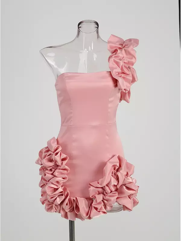 ピンクのサテンフラウンスパーティードレス,エレガントなイブニングドレス,ミニ衣装,ラグジュアリー,ファッショナブル,新しい春,2022
