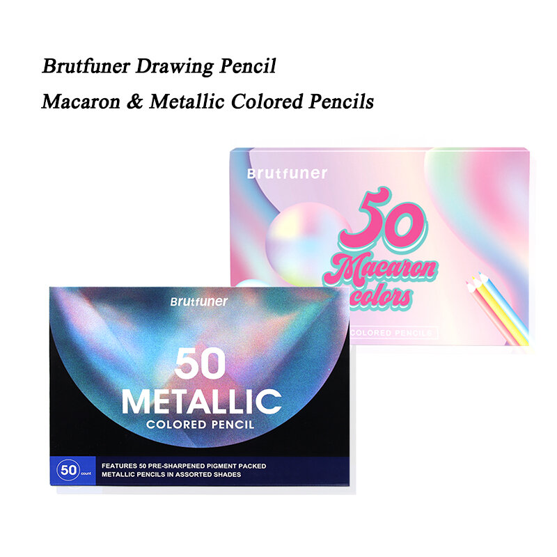 Brutfuner-Juego de lápices de colores metalizados y macarrones para dibujar, lápices de madera suave para artistas, bocetos, suministros de arte para colorear, 50 piezas