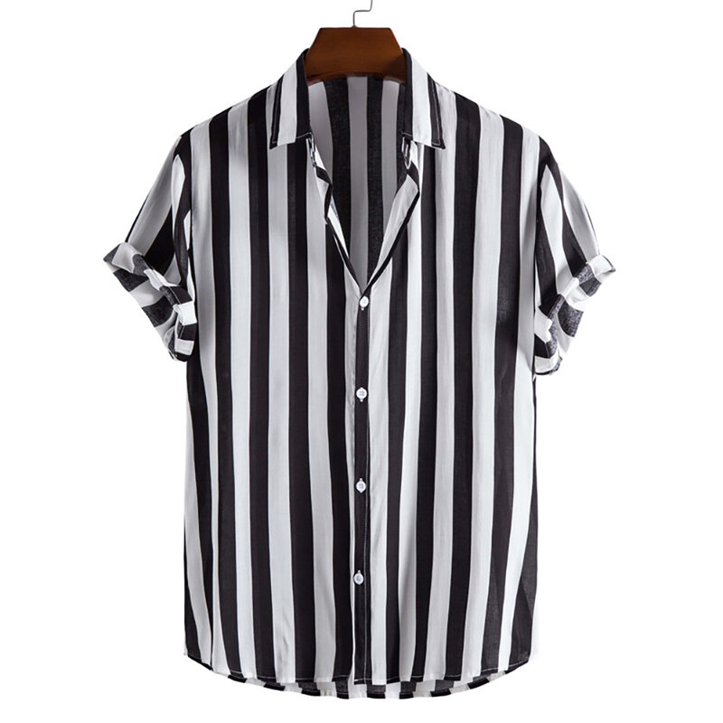 Camisa listrada de manga curta masculina, simples contraste de cor, lapela, single-breasted, solta, nova moda, primavera e verão