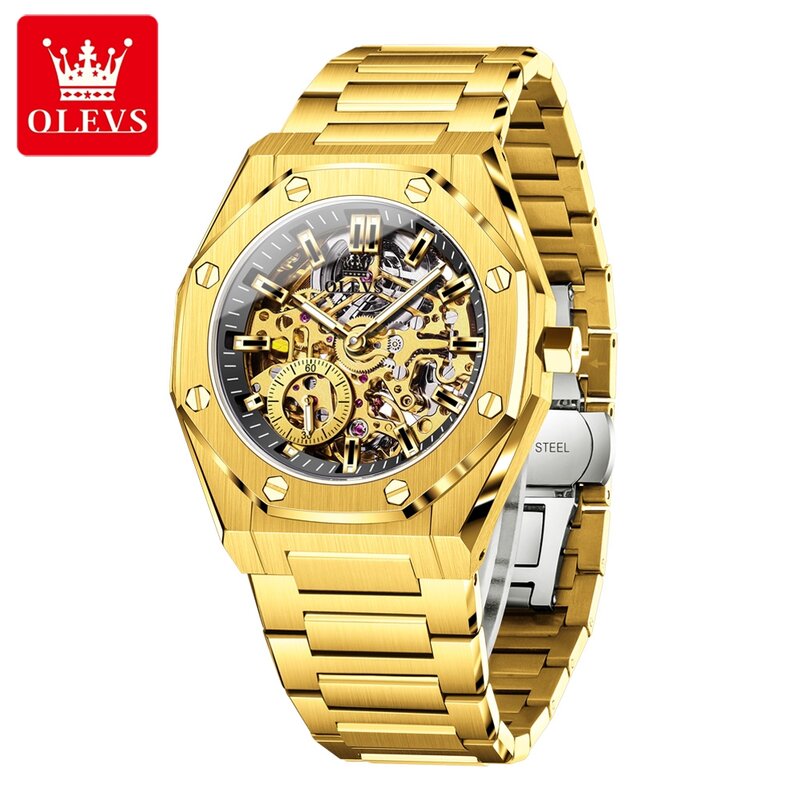 OLEVS-Relógio de pulso mecânico automático masculino totalmente oco, relógios impermeáveis para homens, luxo, marca top, original, novo